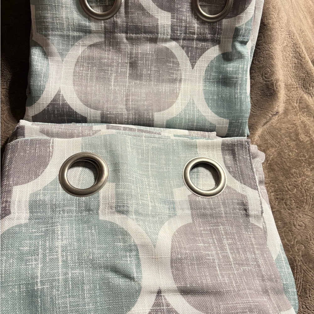 Brown and Teal Blue Geometric Curtains . 2- 50” W x 84” L ( 2 Pairs ) New